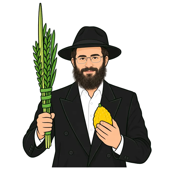 The same man, lulav in his right hand and the esrog in his left, stem end down.