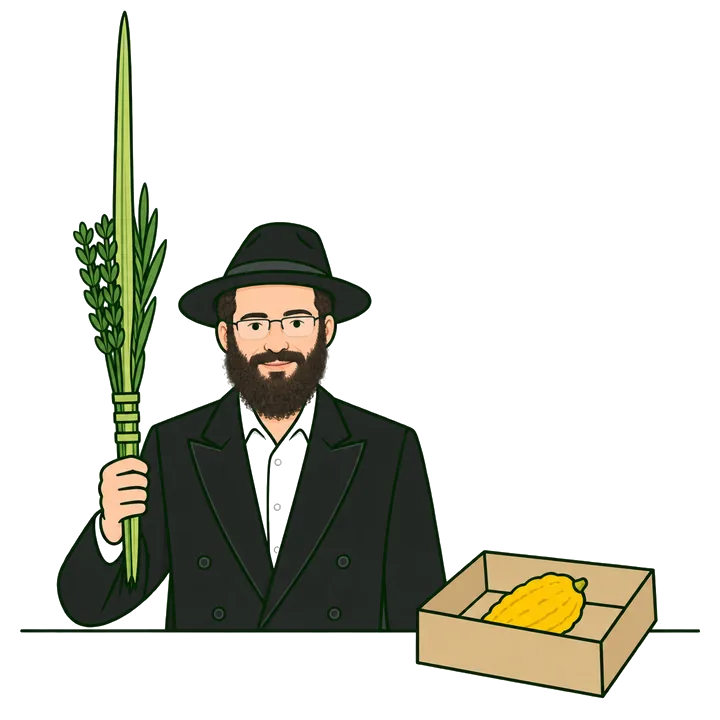 א מאן האלט דעם צונויפגעבונדענעם לולב גלייך אויף אין דער רעכטער האנט; דער אתרוג ווארט אין זיין קעסטל.